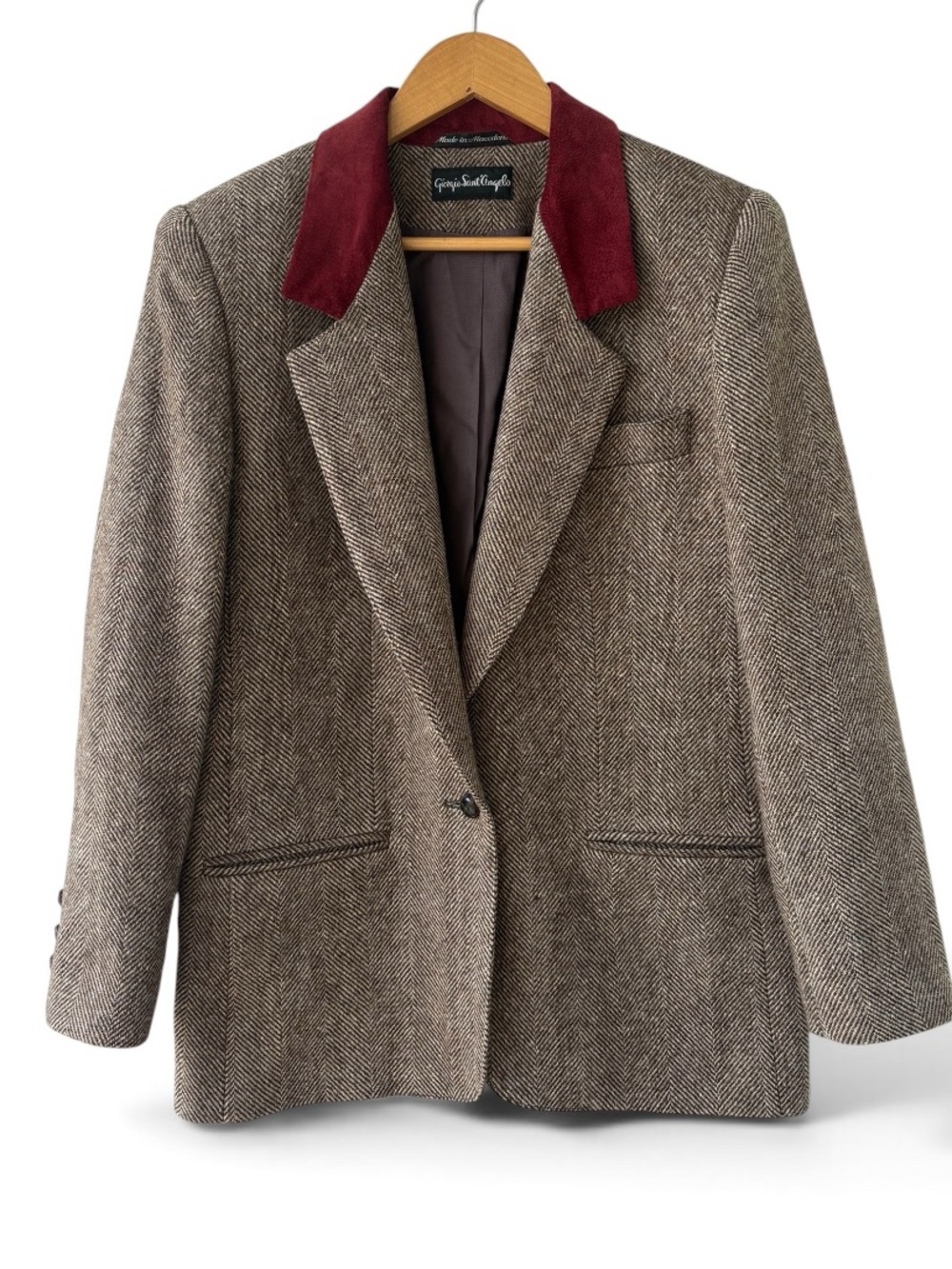 Vintage Giorgio Sant’Angelo Wool Blazer Size 10 Herringbone Suede Collar Size 10